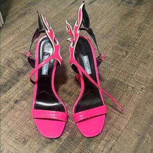 Prada Neon Pink Flame-Accent Strap Heels